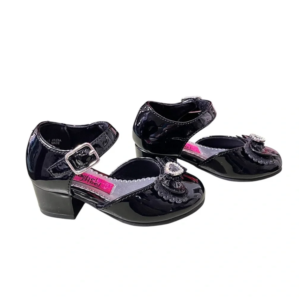 Rachel Shoes Black Patent Dress Shoes With Rhinestone Hearts Size 6